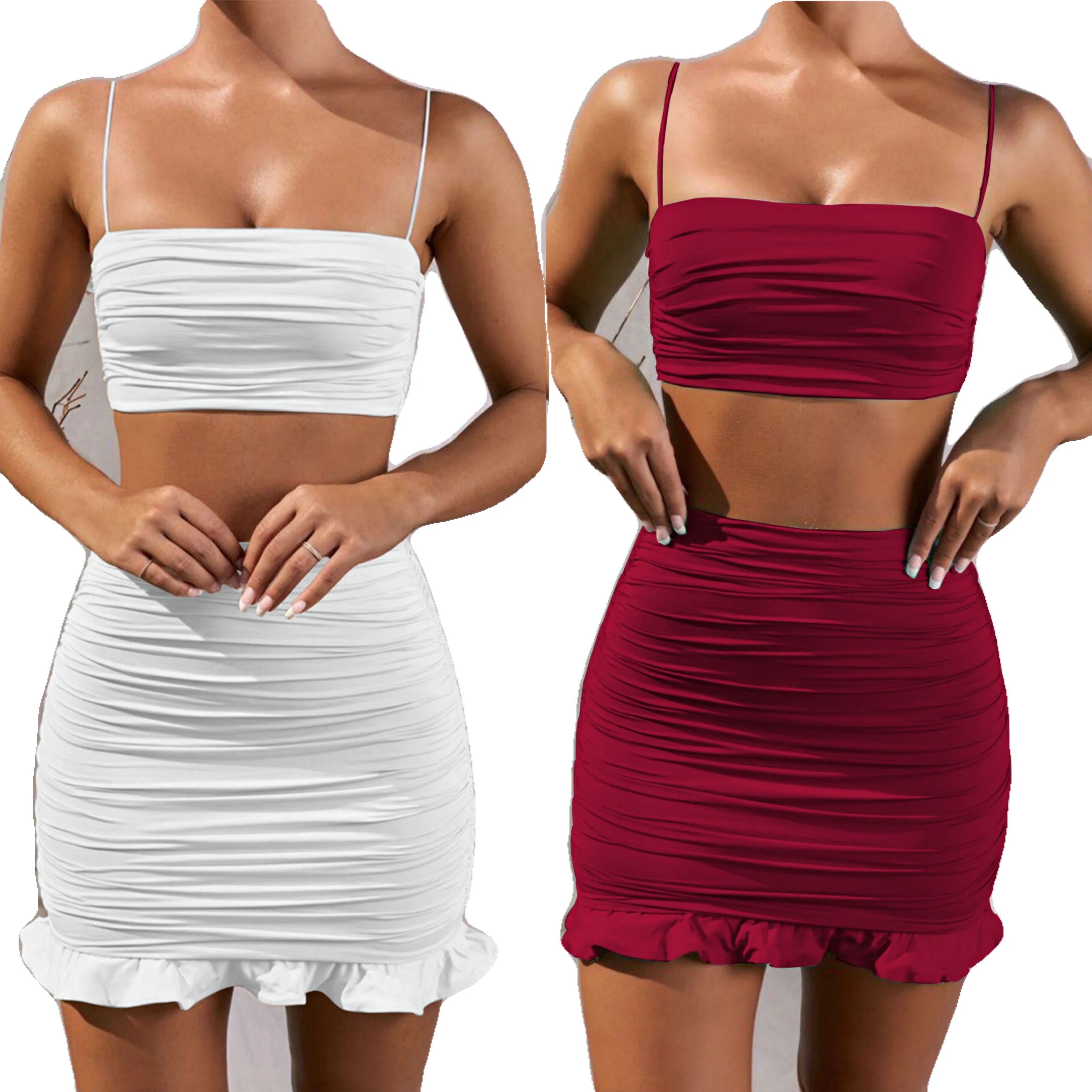 

Sexy Solid Color New 2 Two Pieces Sun Bodycon Dresses Women Ruched Cami Crop Top Skirts Ruffle Off Shoulder Sleeveless Set, Can be customized