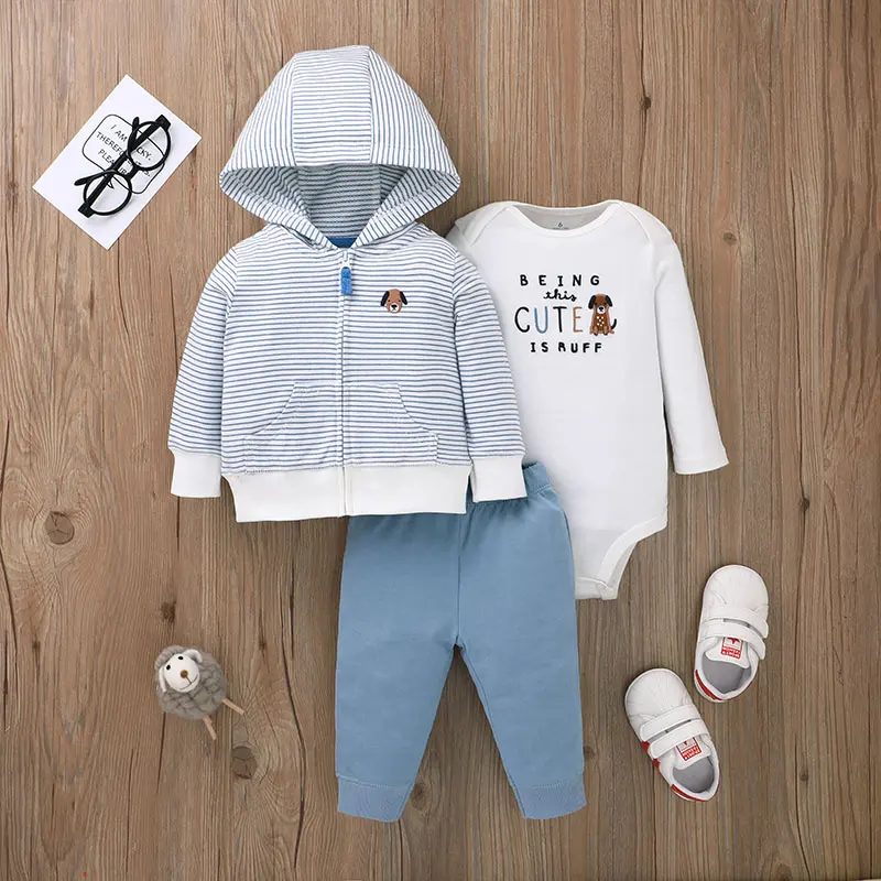 

Wholesale Price Baby Clothing Puppy Sticker 3pcs Baby Boy Clothes Set, Blue/white
