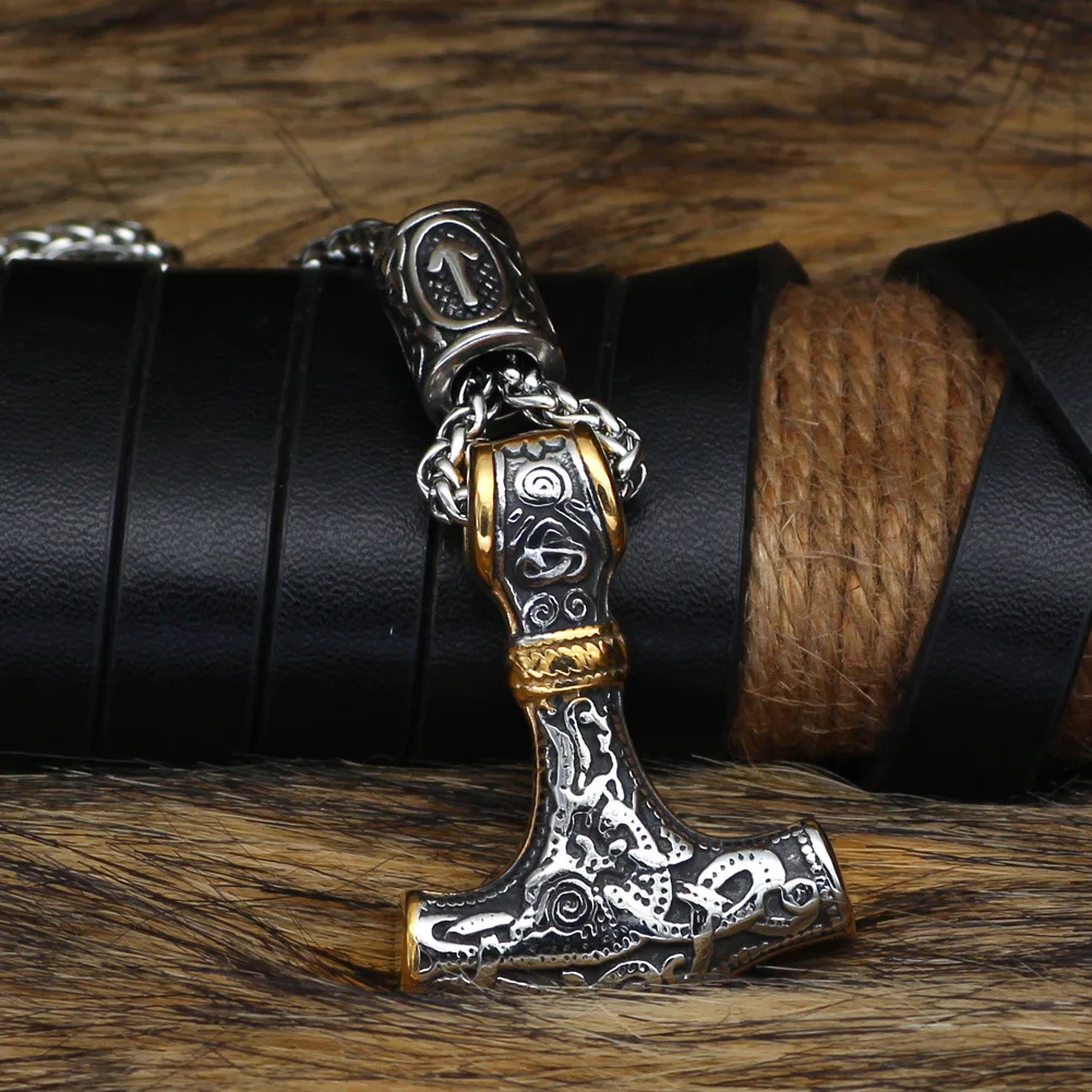

Norse Vikings Thor's Hammer Mjolnir Scandinavian Rune Amulet Necklace Stainless Steel Chain Vegvisir Anchor Pendant Male Jewelry, Like picture