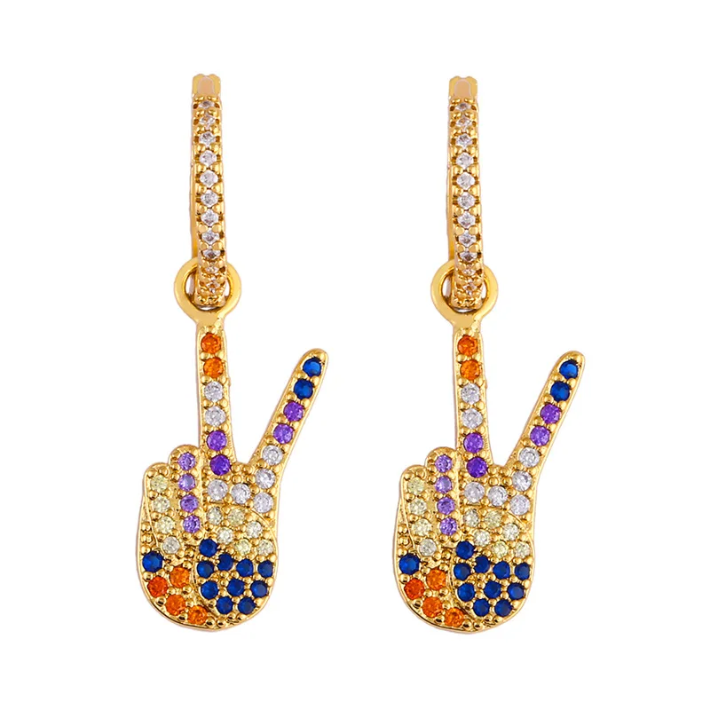 

Gold Plated Rainbow CZ Finger Victory Gesture Clip on Hoop Earring Colorful Zirconia Finger Victory Shape Dangle Earrings