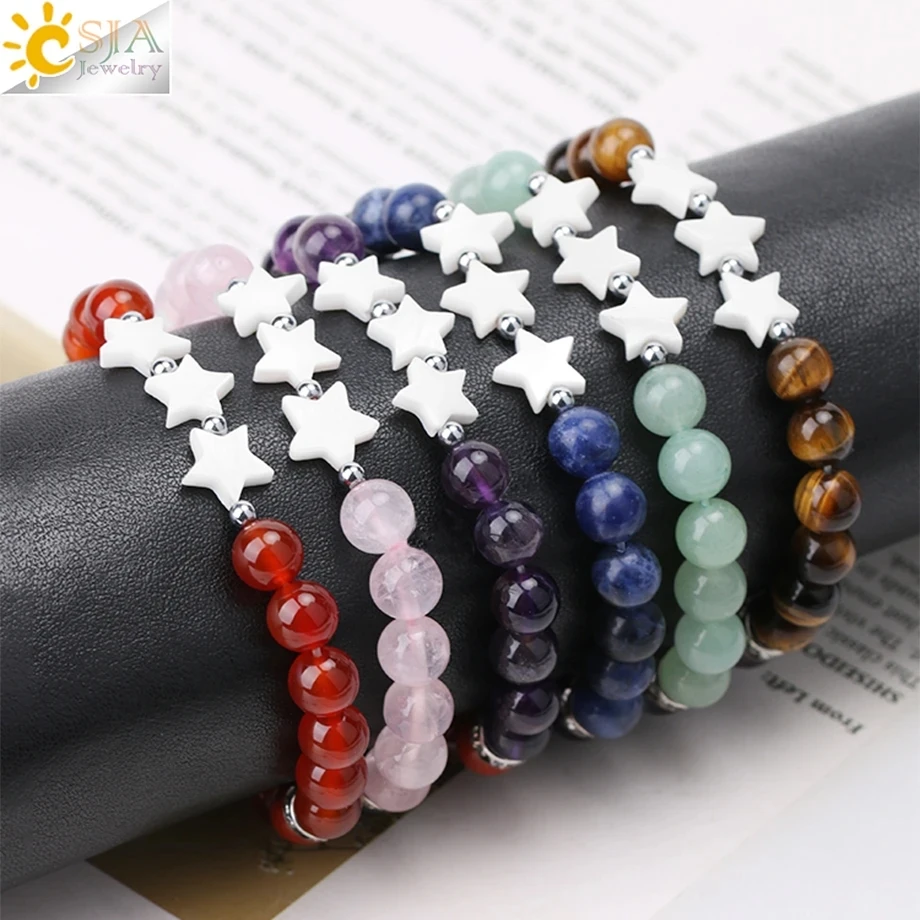 

CSJA Wholesale Star Moon Charm 8mm Women's Healing Rose Quartz Crystal Tiger Eye Natural Stone Gemstone Beaded Bracelet H159