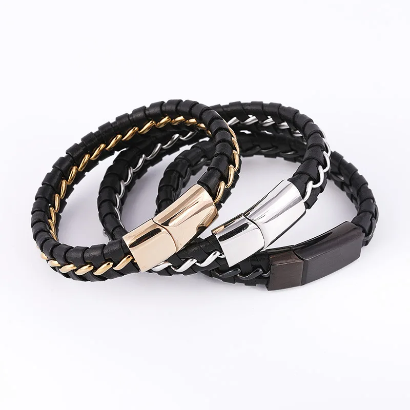 

Top Selling Mens Viking Stainless Steel Leather Bracelet Magnetic Closure Lack Woven Men Leather Bangle Bracelet, Picture shows