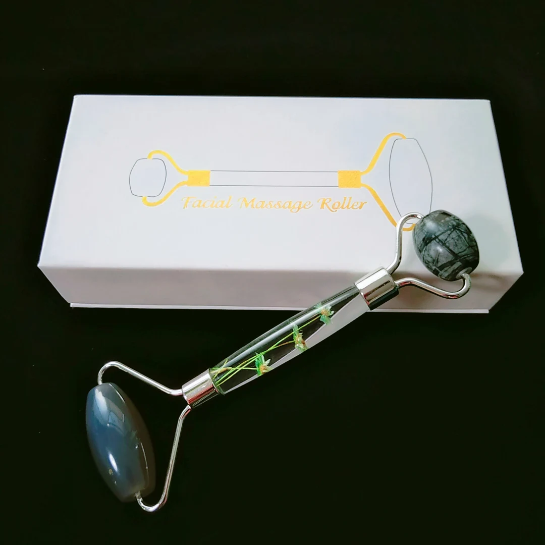 

Hot sale new version flower handle high quality gray agate jade roller flower handle picasso jasper stone with box