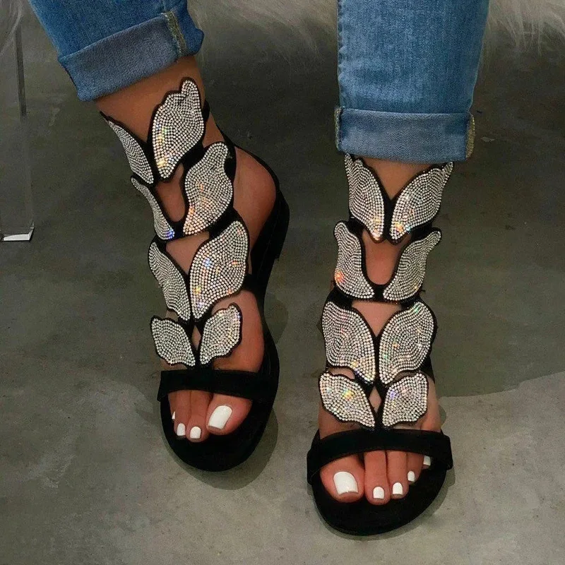 

2021 Personalized Ins Super Sexy Butterfly Women Sandals With Diamonds Women Slides bow butterfly rhinestone crystal shoes, Gold , silver , black