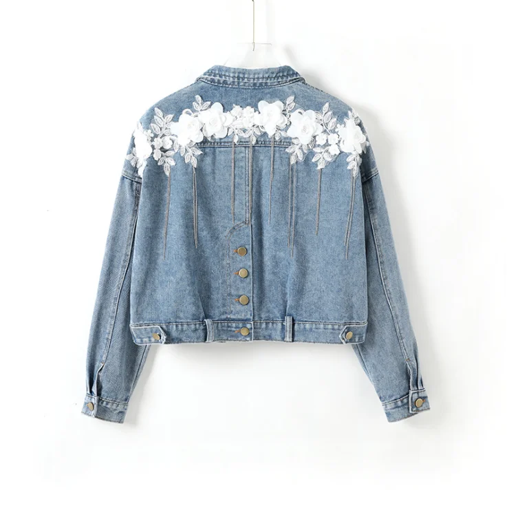 

High Quality Flowers Jeans Jackets For Ladies Women Loose Casual Denim Jackets