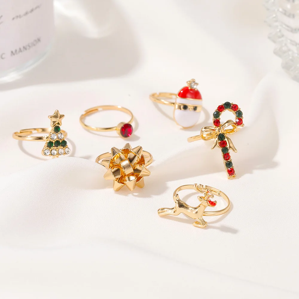 

Christmas Decoration Cute Cartoon Elk Christmas Tree Women's Rings Set with Oil Dropping Opening Adjustable Ring