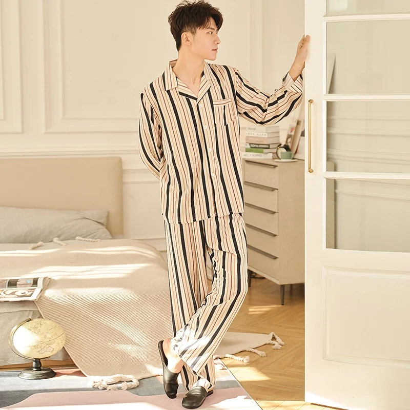 

Homewear loose long sleeve 2 piece pants set sleepwear pyjamas for men