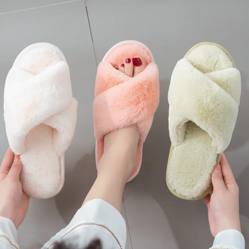 

Winter Warm Faux Fur Woman Slippers Ladies Cross Soft Fashion Plush Female Open Toe Women Furry Slippers Open Toe Furry Slipper