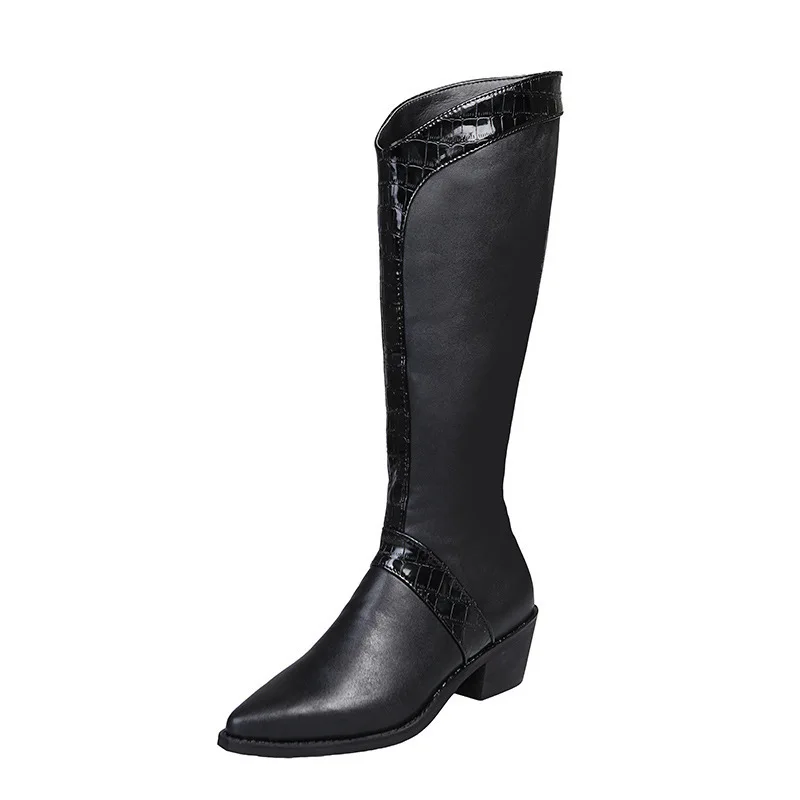 

Factory Outlet Women's Boots Solid Color Pointed Toe Square Heel Side Zipper Ladies Calf Boots