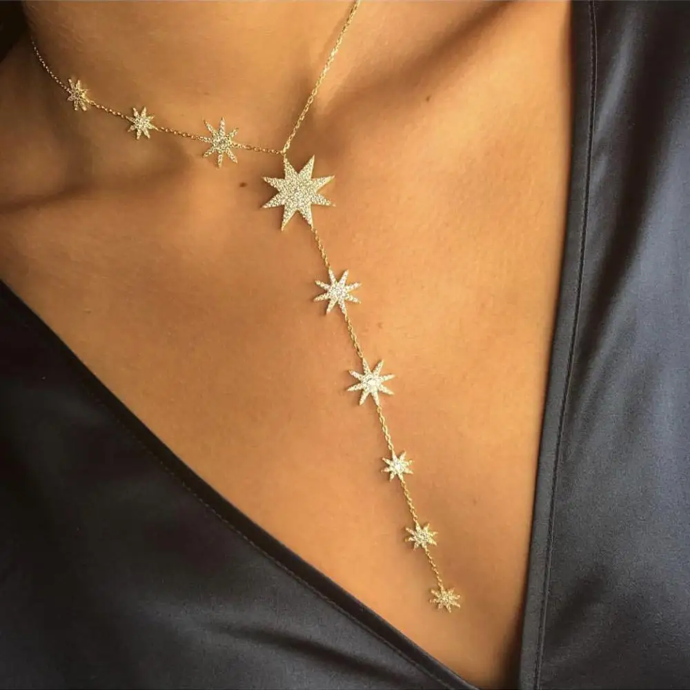 

2021 sexy women jewelry micro pave cz star charm starburst long Y lariat necklace, Customized