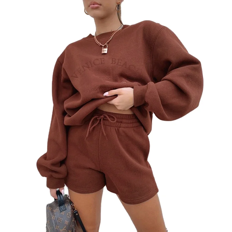 

Custom Fleece Brown Embroidery 2 Piece Short Set Women, Customized color