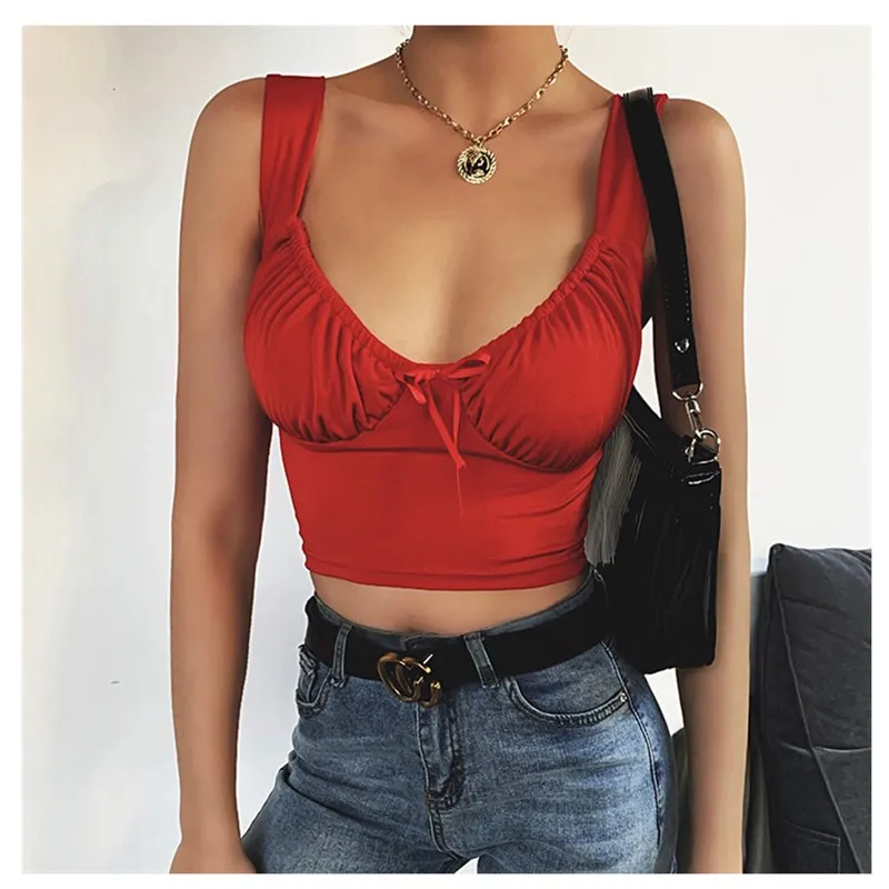 

Women Summer Milkmaid Crop Tops Tanks Summer White Ruched Bow Slim Camis 2020 Ladies Wide Strap Tees Skinny Femme Camisole