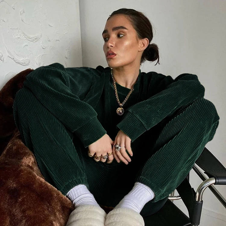 

Fall Winter 2021 Women Clothes Basic Corduroy Green Vintage Long Sleeve Tshirt Trousers Streetwear Casual Two Piece Pants Set