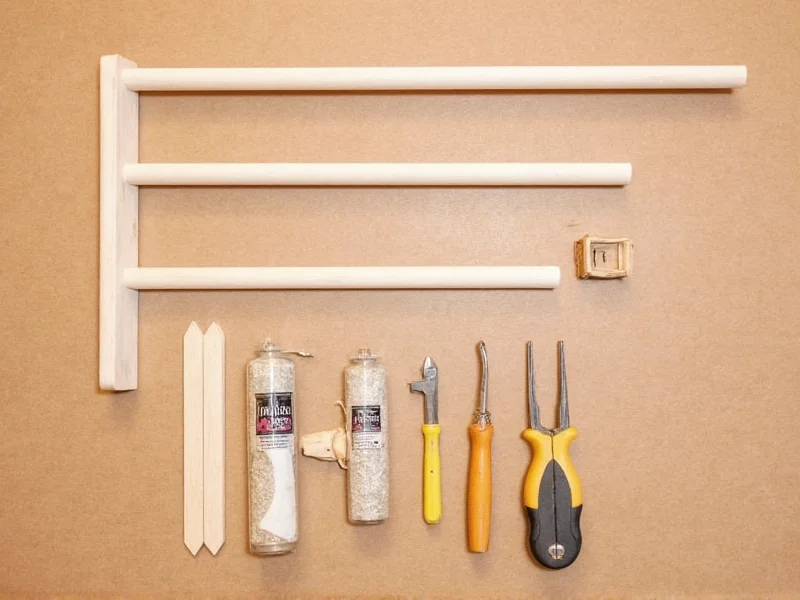DIY towel rack materials laid out: wood, dowel, brackets, and tools