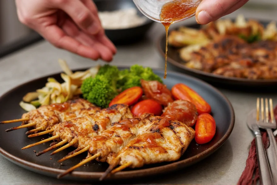 Chef's hand drizzling spicy chili sauce over grilled chicken and vegetables on a plate