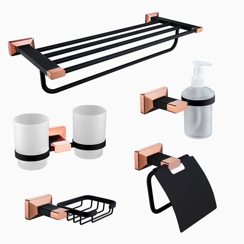 5 Pieces Black And Rose Gold Bathroom Accessories Set Buy Rose Gold