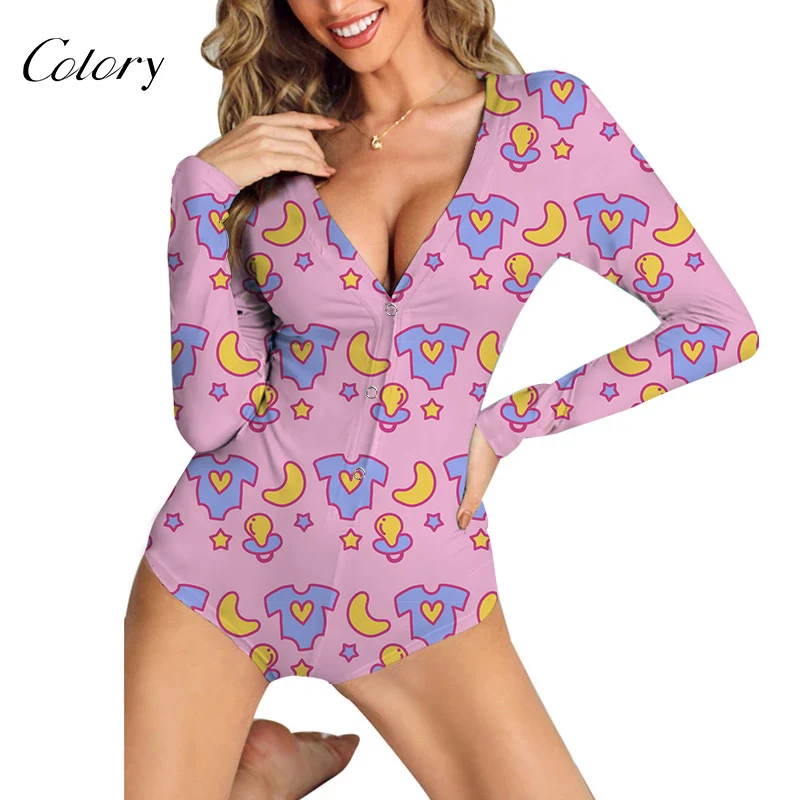 

Colory Long Sleeve Plus Size Onesie Neck Women Deep V Jumpsuit, Picture shows