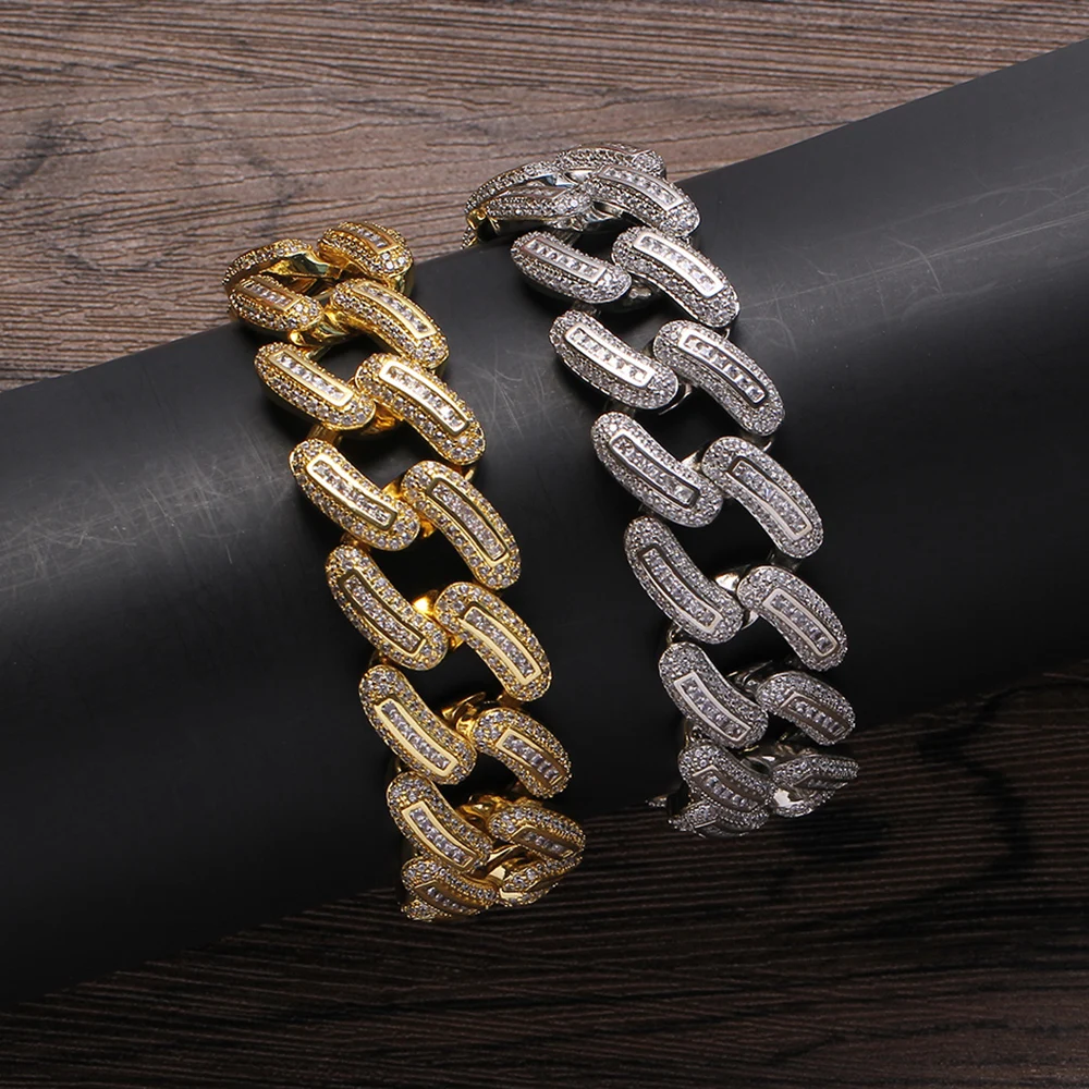 

BB016 20mm 8" bracelet Brass setting Zircon Hip hop Cuban link Chain Bling Jewelry CZ Chain Iced Out