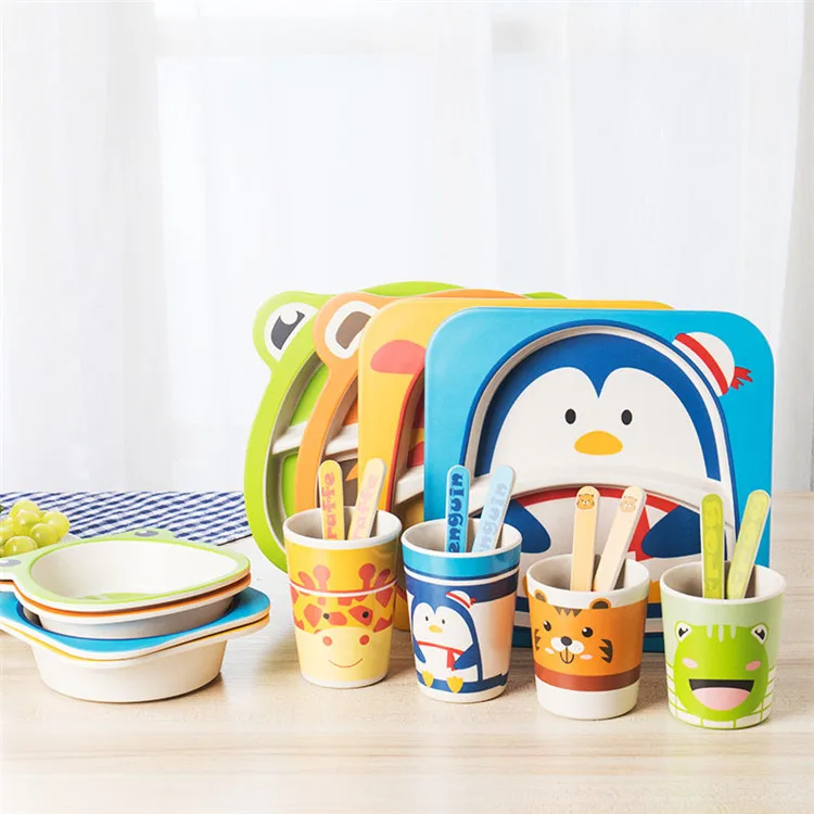 

16 Design 5pcs/set Baby Dish Tableware Children Cartoon Feeding Dishes Natural Bamboo Fiber Dinnerware With Bowl Fork Cup Spoon, As pic