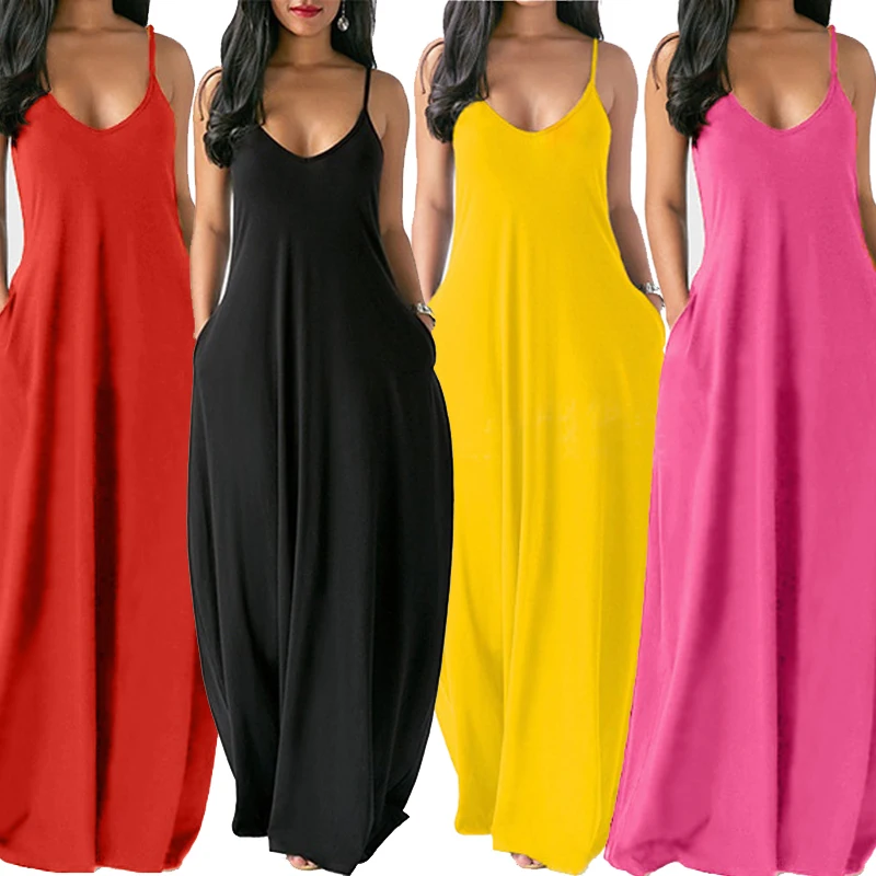 

Bulk Wholesale Maxi Dresses Summer Women's Clothes Solid Color Fashion Spaghetti Strap Loose Long Dress Women Maxi Dress 2022