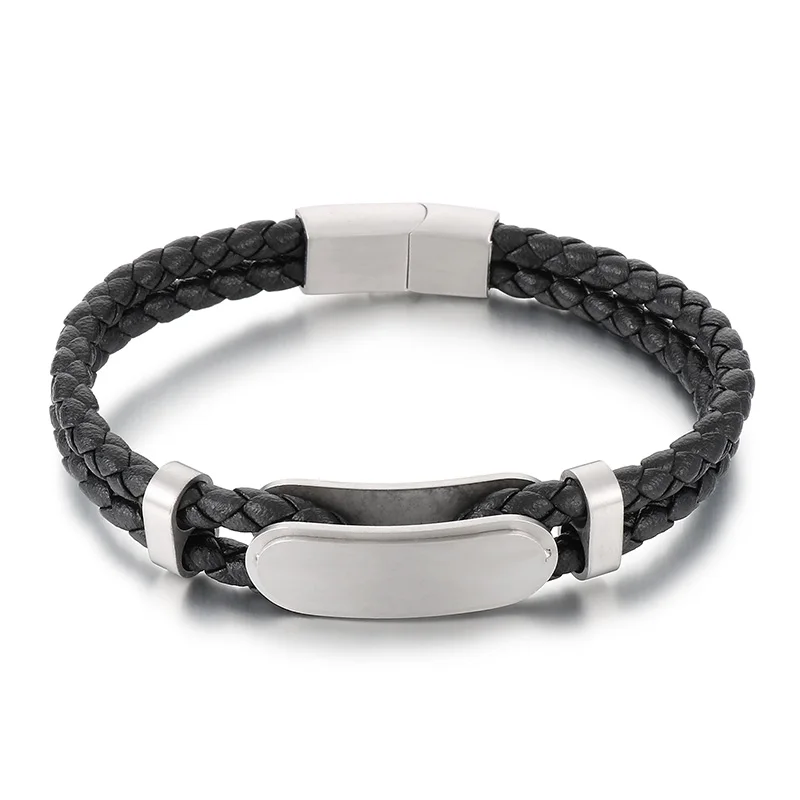 KALEN 215mm Men Vintage Gold/Silver/Black Stainless Steel&Cowhide Leather Bracelet With Blank Plate for Logo