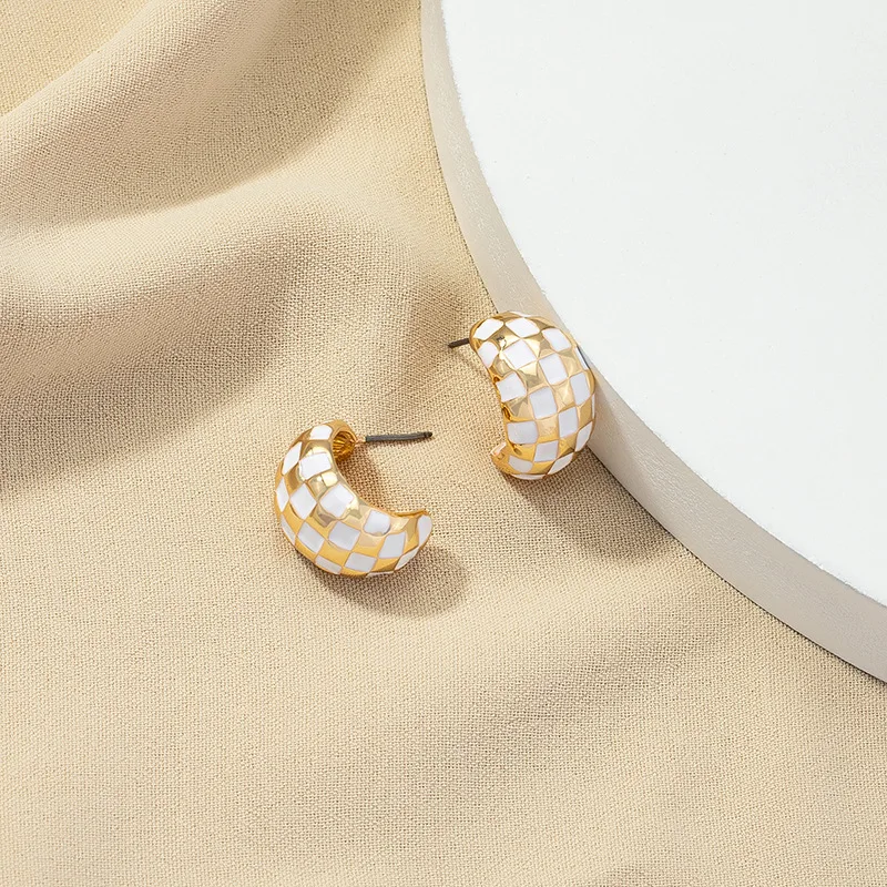 

New Fashion European Real Gold Plated Oil Drip Grid Hoop Earring Chunky Dome Enamel C Shape Earrings