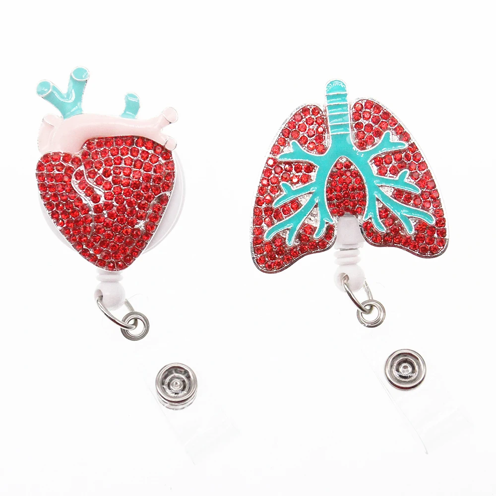 Free shipping Medical Pink Red lungs and heart doctor/nurse Rhinestone enamel nurse Retractable ID Badge Holder reel
