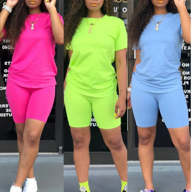 

Wholesale trending fall plus size womens 2 piece neon clothing short sets 2 Piece Set Neon Outfits Tracksuit Crop Top Biker Set