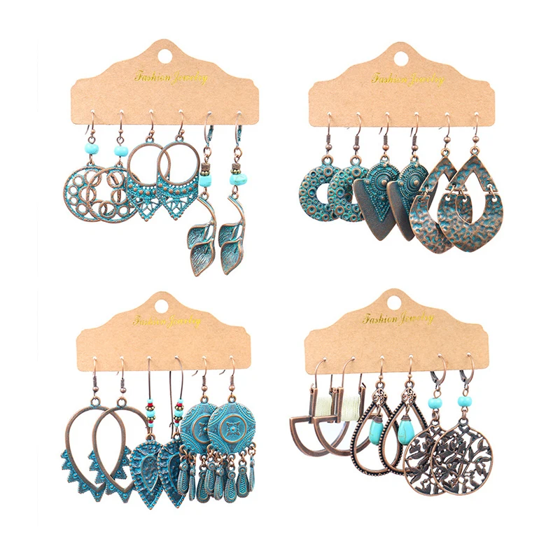 

Vintage Big Round Multicolor Bead Earrings Set For Woman Geometry Fanshaped Boho Tassel Long Dreamcatcher Drop Earrings, As picture