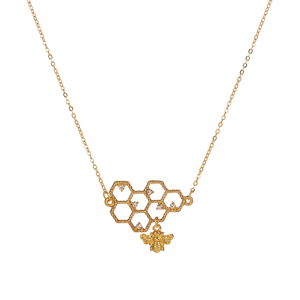 

Lady Gold Plated Honeybee Beehive Combination Pendant Jewelry Necklace