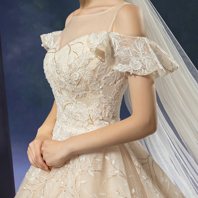 Women Off Shoulder Champagne Lace Up Ready To Ship Wedding Dress With