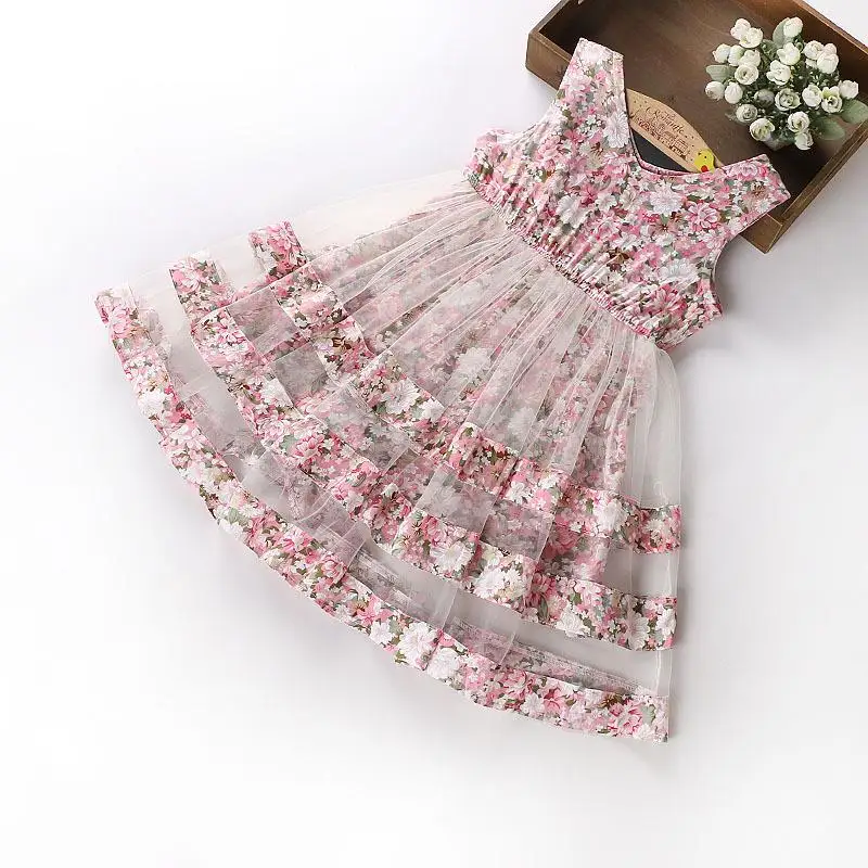 

new summer full floral print princess party dress middler girls chiffon flower dress for 120-150cm, As picture