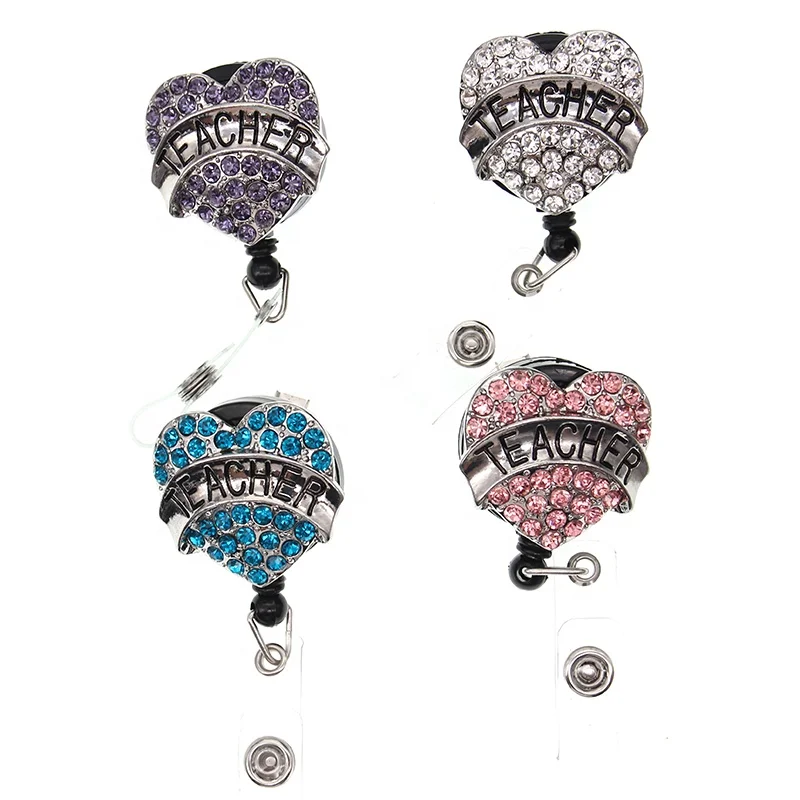 

Rhinestone Bling Heart TEACHER Retractable Education School Badge Reels