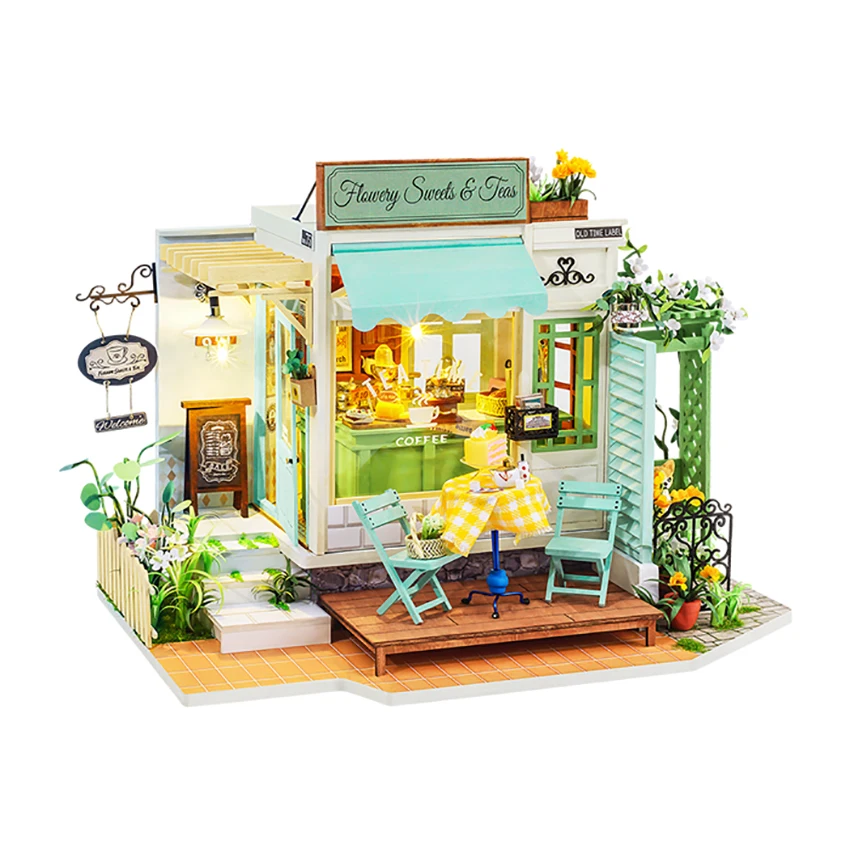 

Robotime Hot selling DG146 Flowery Sweets Teas doll house diy miniature room wooden handmade doll house for Dropshipping