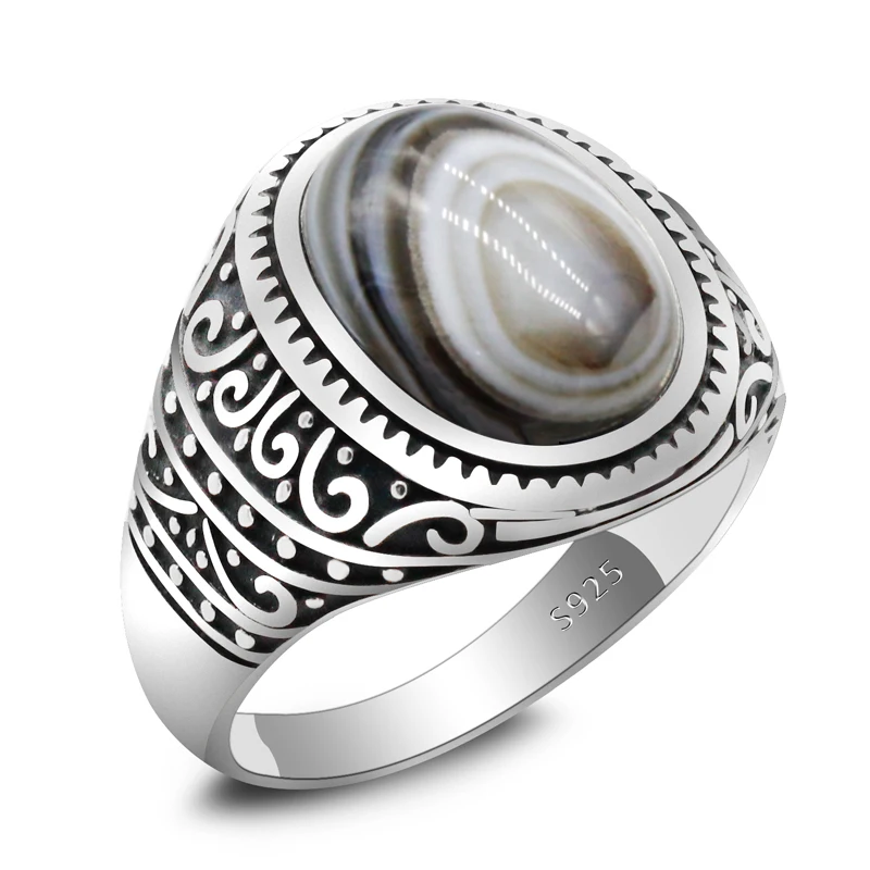 

S925 sterling silver ring inlaid with natural eye agate stone men's ring fashion jewelry turkish retro style gift ring