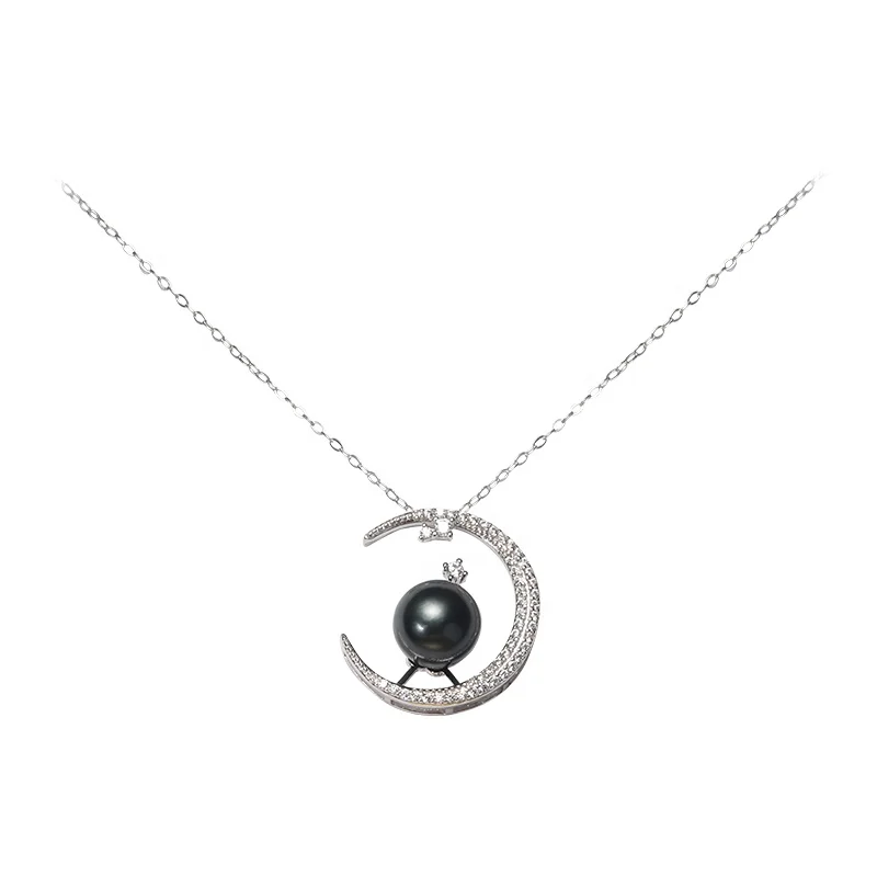 

Personalized Design Moon Sterling Silver Natural Seawater Pearl  Pearls Mount Pendant Necklace Jewelry, Black