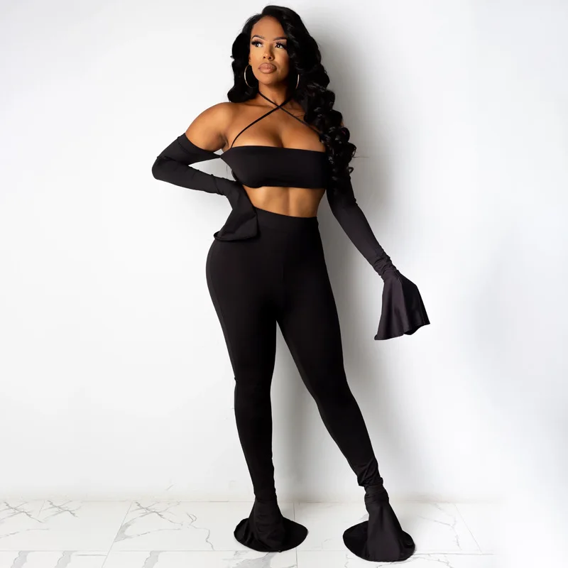 

Yingchao Fashion 2021 Sexy Casual Solid Color Long Sleeve Tight Halter Top Shirt and Stacked Pant 2 Piece Sets Women Clothing