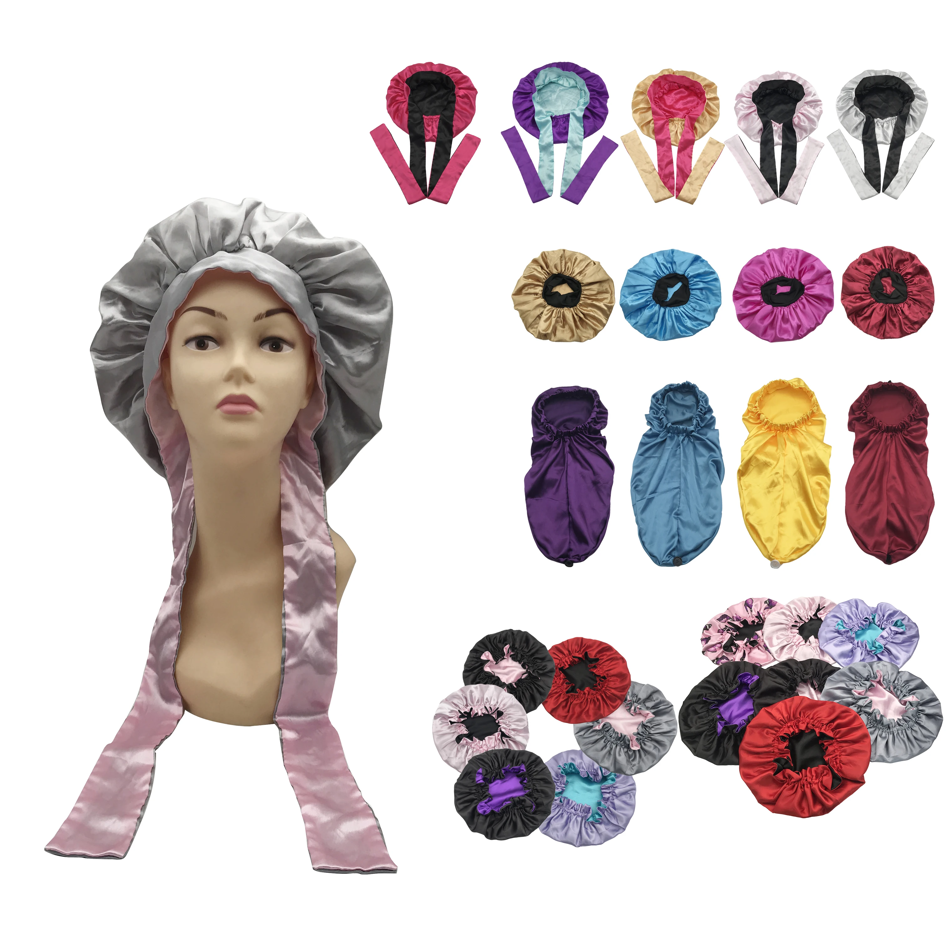 

WHOLESALE Personalized customization logo double layer satin silk hair bonnet with long head bands tie designer hair bonnets