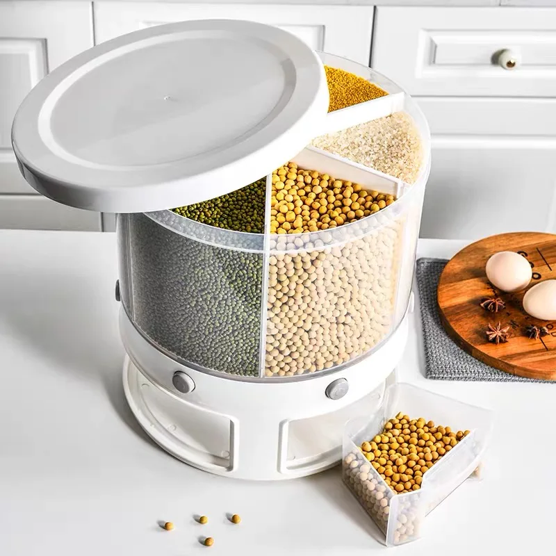 

360 degree rotating grain food storage container rice dispenser, White/transparent