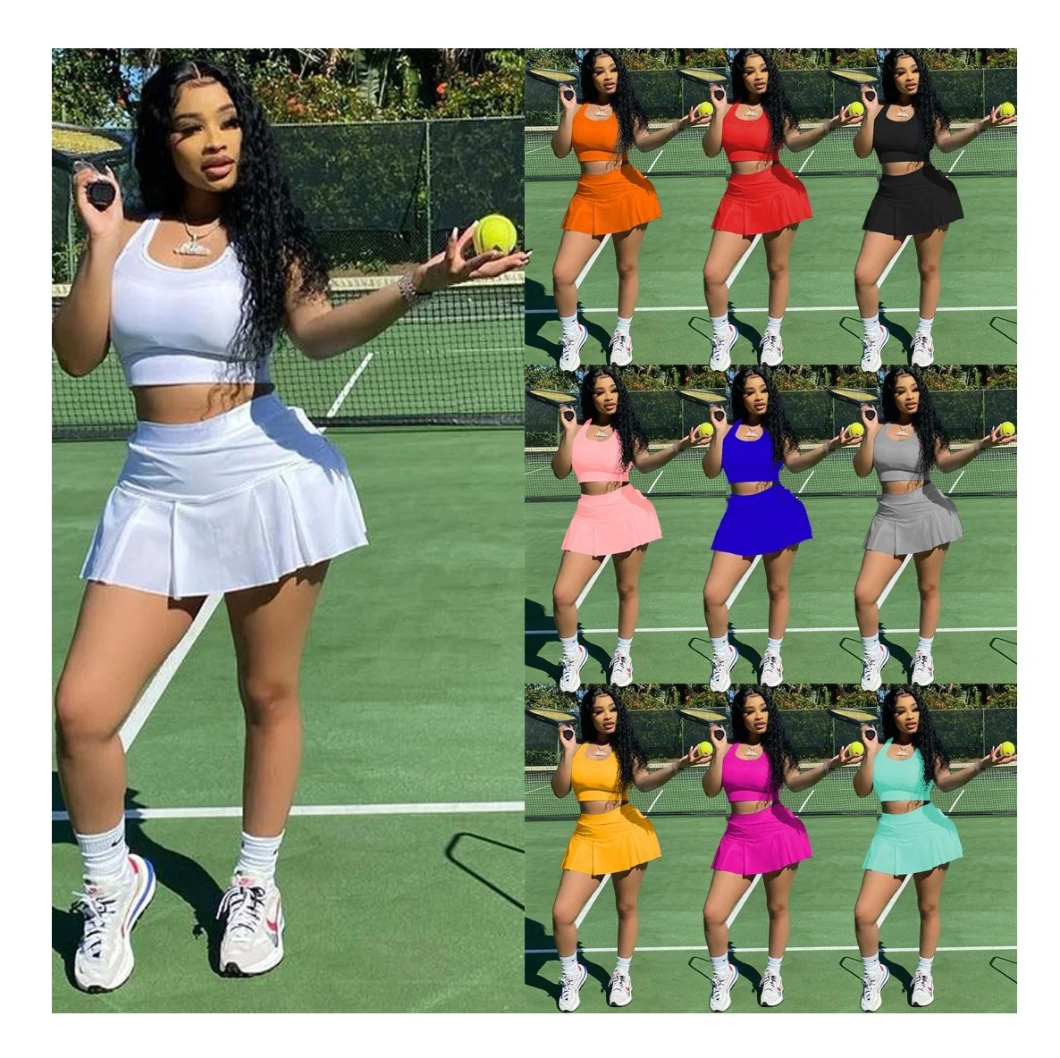 

2021 Summer Tennis Two Piece Skirt Set Women Vest Top And Mini Tennis Skirts Ooufit Sportswear 2 Piece Skirt Sets, Picture