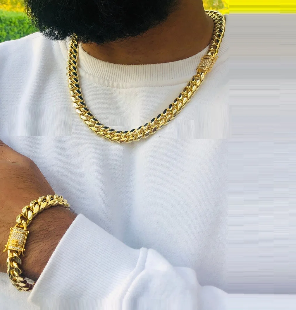 

fashion micro pave cubic zirconia men jewelry cuban link chain 18k yellow gold 12mm wide men's hip hop necklace