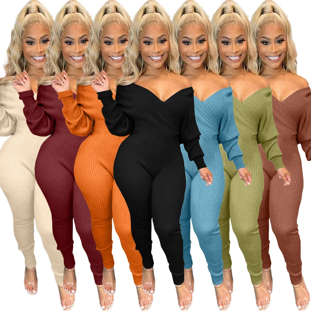 

2021 Womens Deep V Neck One Piece Sexy Off Shoulder Jumpsuit Solid Color Ruched Bodycon Knit Jumpsuits