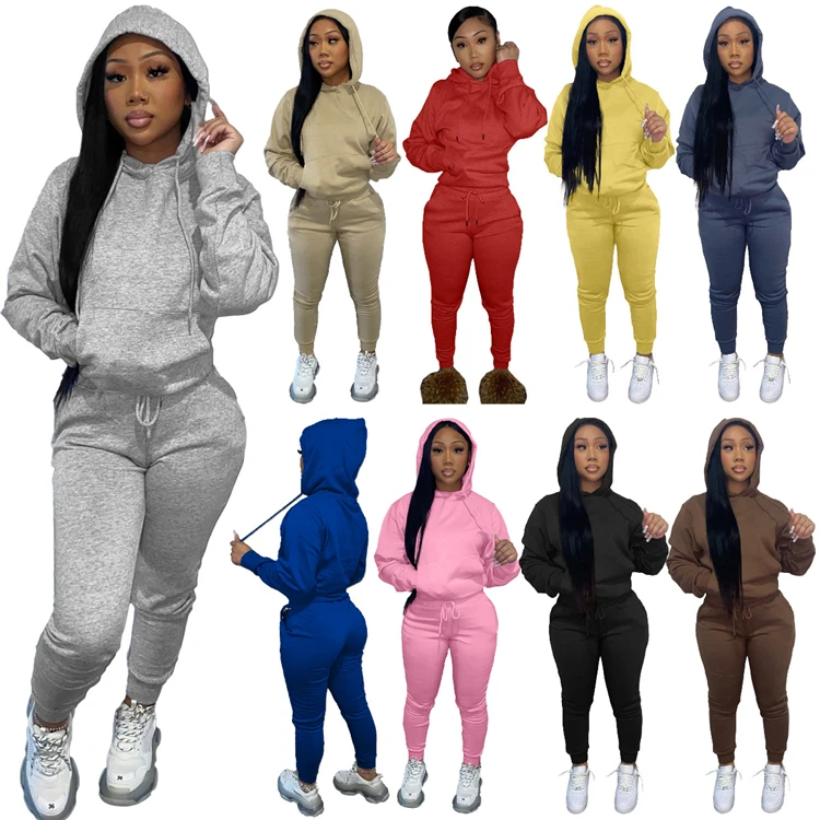 

W2 2021 Winter Ladies Casual Wear Tracksuit Hooded Sweat Suits Women Two Piece Pants Set, Picture shown