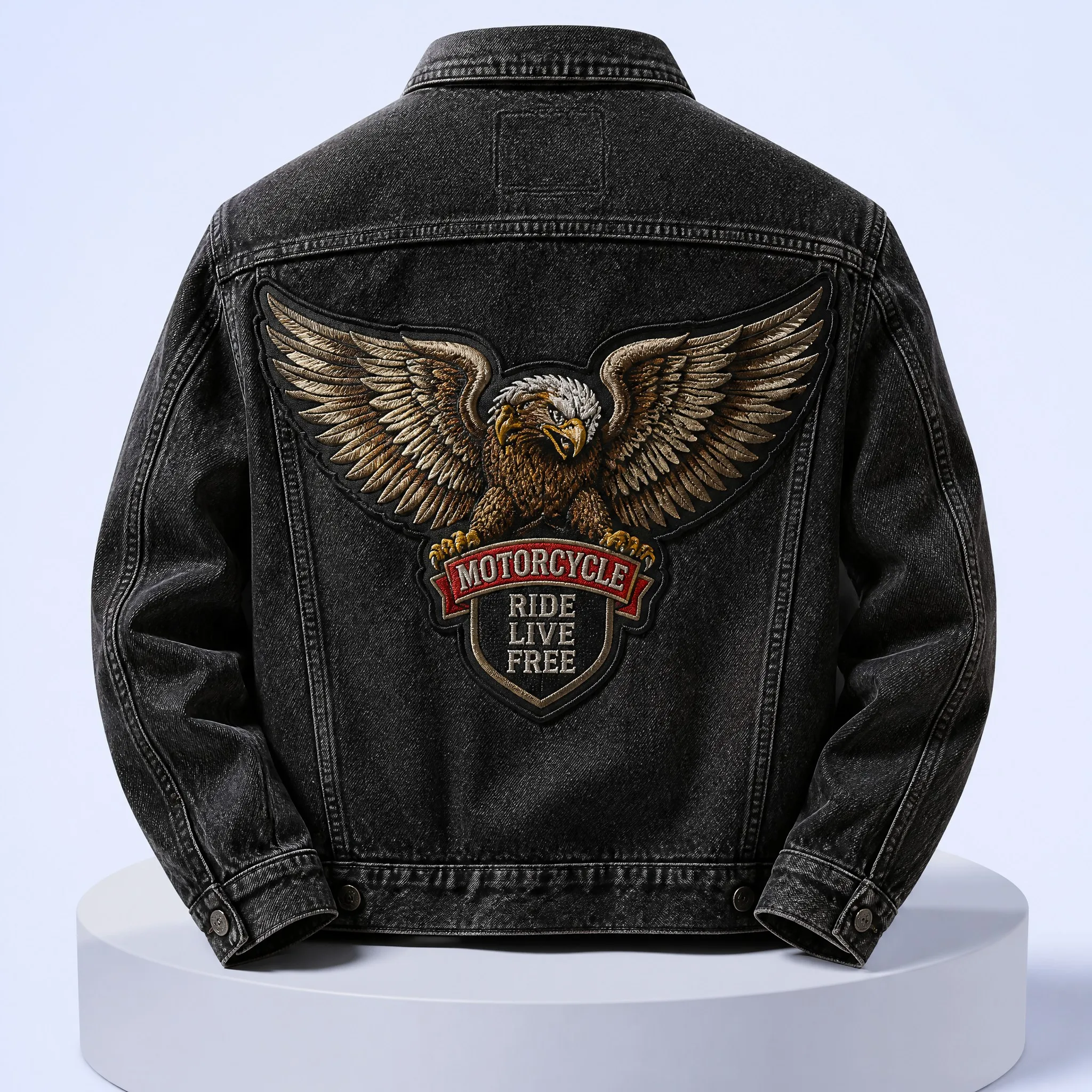 Washed Black Denim Biker Jacket with Giant Spreading Eagle and Red Ribbon Motorcycle Shield Back Patch