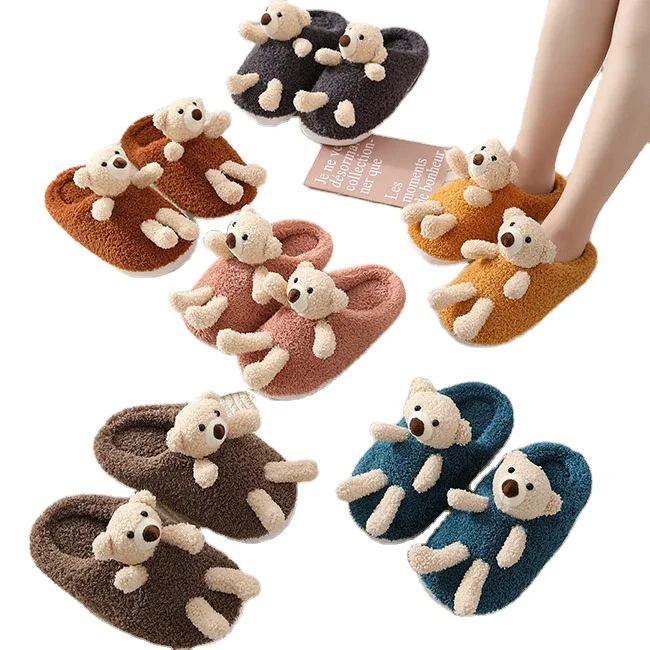 

Wholesale Indoor Fluffy Slippers Women Plush Fur Slides Pink Blue Furry Kids Teddy Bear Slippers Plush