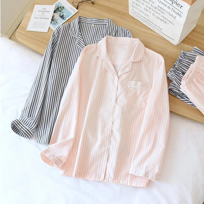 

2021 spring and summer new couple vertical stripes sleepswear two-piece 100% cotton long-sleeved men's simple casual home servic