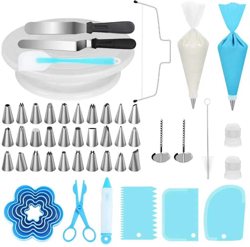 

WIDENY Home Kitchen Baking Supplies Set Cake Decorating Kit with Revolving Cake Turntable, Cake Leveler, Cookie Cutter, White