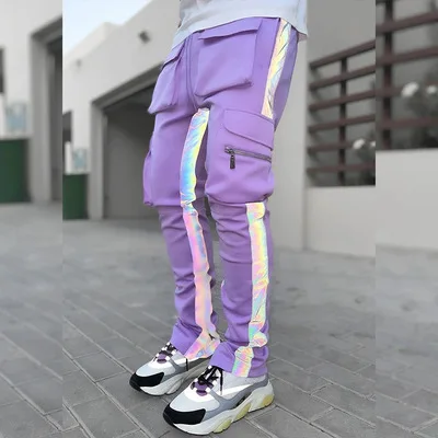 

Hip Hop Cargo Night Running Mens Casual Trousers Fitness Stacked Reflective Skinny Jogger Track Pants With Pockets, 3 color as the pictures show