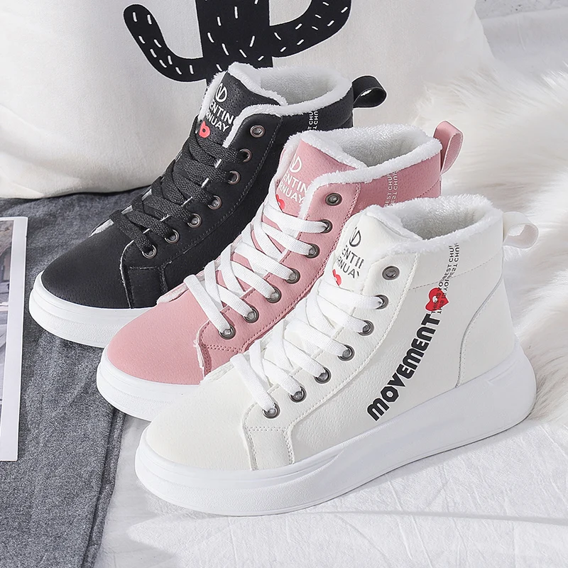 

Waterproof Pu Upper Warm Mid Top Sneakers Boots for Winter Snow, White/pink/black