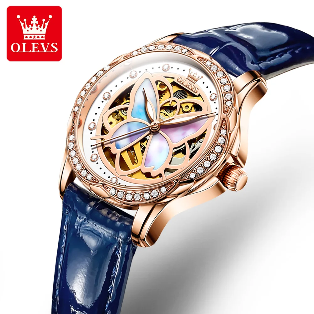 

OLEVS 6615 Classic Mechanical butterfly Dial Round Wristwatches Waterproof Leather Strap Ladies Bracelet Blue mechanical Watch